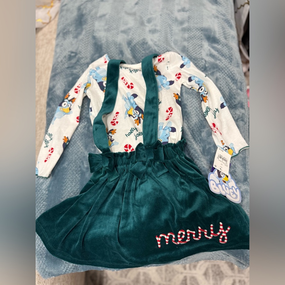 Bluey Holiday Dress with Green Skirt